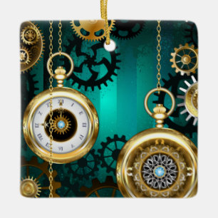 Steampunk Jewelry Watch on a Green Background Ceramic Ornament