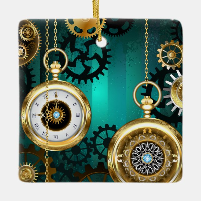 Steampunk Jewelry Watch on a Green Background Ceramic Ornament (Front)