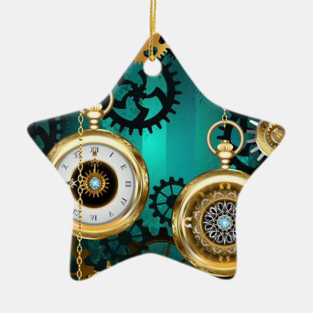 Steampunk Jewelry Watch on a Green Background Ceramic Ornament (Front)