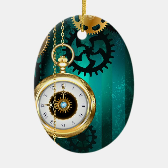 Steampunk Jewelry Watch on a Green Background Ceramic Ornament (Front)