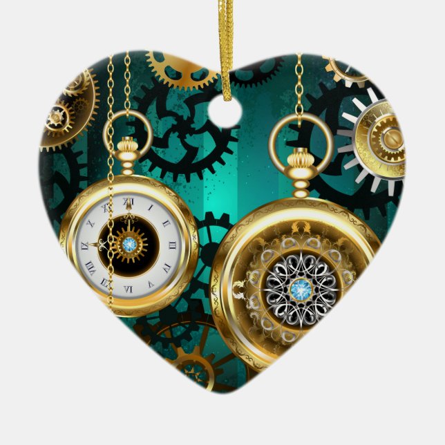 Steampunk Jewelry Watch on a Green Background Ceramic Ornament (Front)
