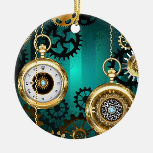 Steampunk Jewelry Watch on a Green Background Ceramic Ornament (Front)