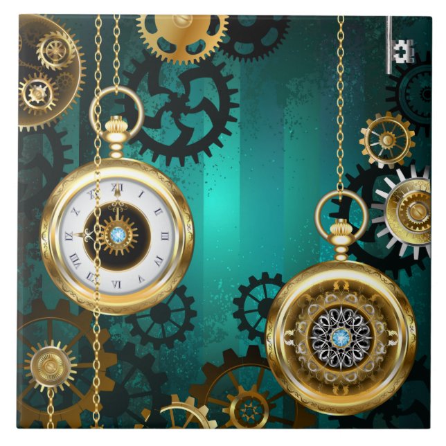 Steampunk Jewelry Watch on a Green Background Ceramic Tile (Front)