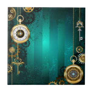 Steampunk Jewelry Watch on a Green Background Ceramic Tile