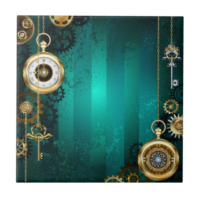 Steampunk Jewelry Watch on a Green Background Ceramic Tile (Front)