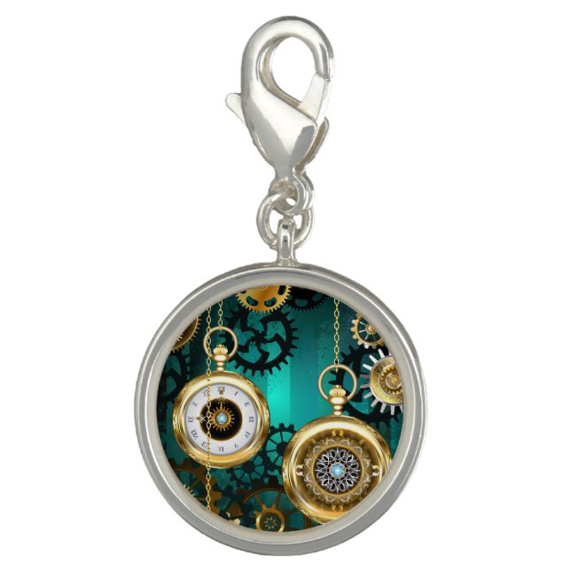 Steampunk Jewelry Watch on a Green Background Charm (Front)