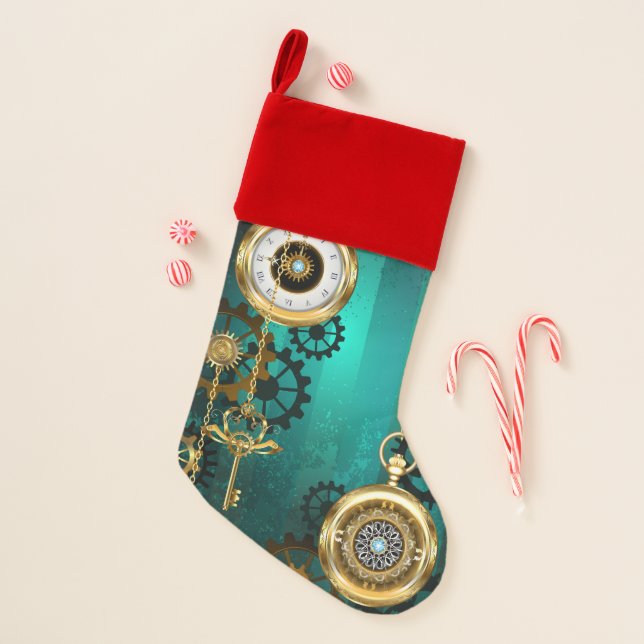 Steampunk Jewelry Watch on a Green Background Christmas Stocking (Front)
