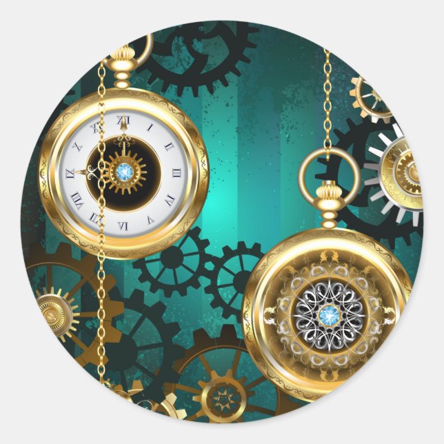 Steampunk Jewelry Watch on a Green Background Classic Round Sticker (Front)