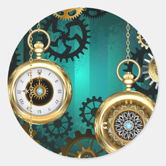 Steampunk Jewelry Watch on a Green Background Classic Round Sticker (Front)