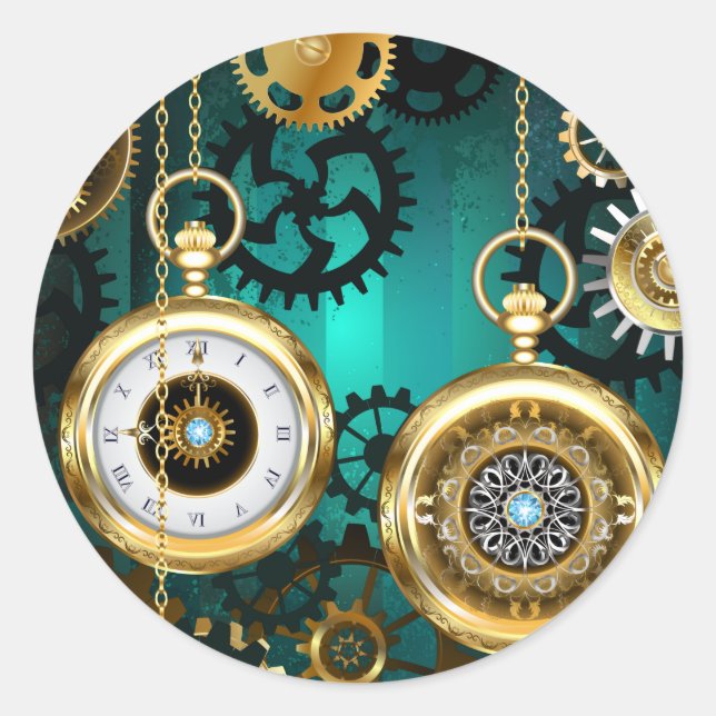 Steampunk Jewelry Watch on a Green Background Classic Round Sticker (Front)