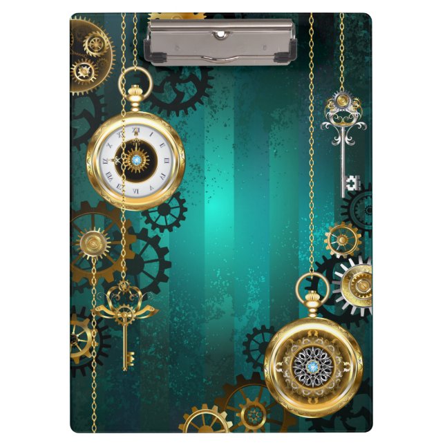 Steampunk Jewelry Watch on a Green Background Clipboard (Front)