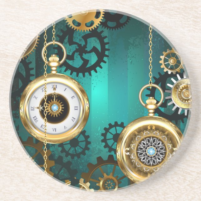 Steampunk Jewelry Watch on a Green Background Coaster (Front)