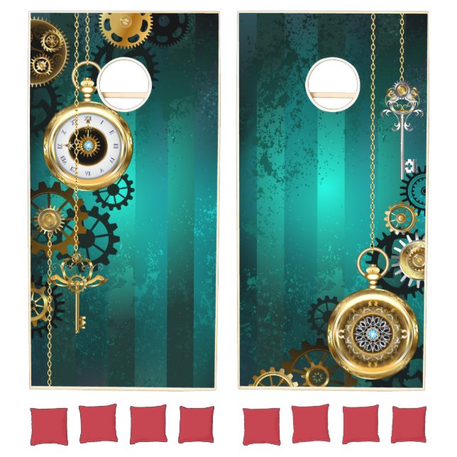 Steampunk Jewelry Watch on a Green Background Cornhole Set (Set)