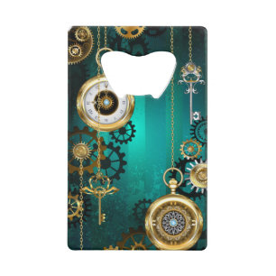 Steampunk Jewelry Watch on a Green Background Credit Card Bottle Opener
