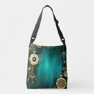 Steampunk Jewelry Watch on a Green Background Crossbody Bag