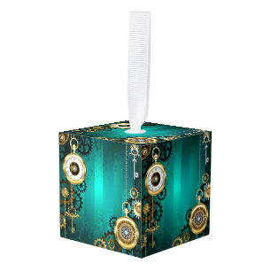 Steampunk Jewelry Watch on a Green Background Cube Ornament