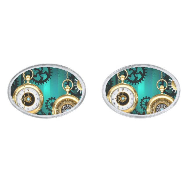 Steampunk Jewelry Watch on a Green Background Cufflinks (Front)