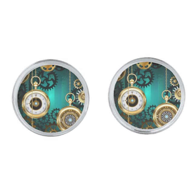 Steampunk Jewelry Watch on a Green Background Cufflinks (Front)