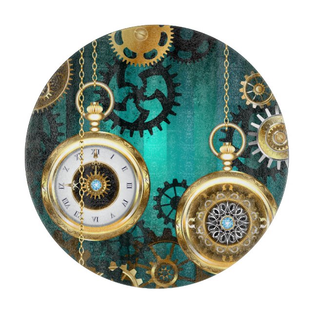 Steampunk Jewelry Watch on a Green Background Cutting Board (Front)