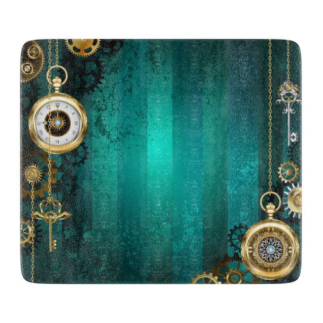 Steampunk Jewelry Watch on a Green Background Cutting Board (Front)