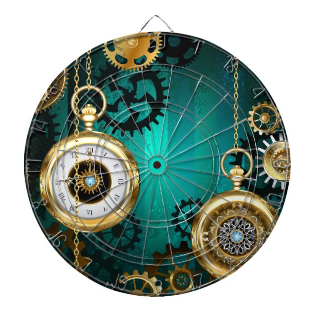 Steampunk Jewelry Watch on a Green Background Dart Board (Front)