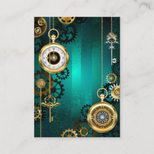 Steampunk Jewelry Watch on a Green Background Discount Card