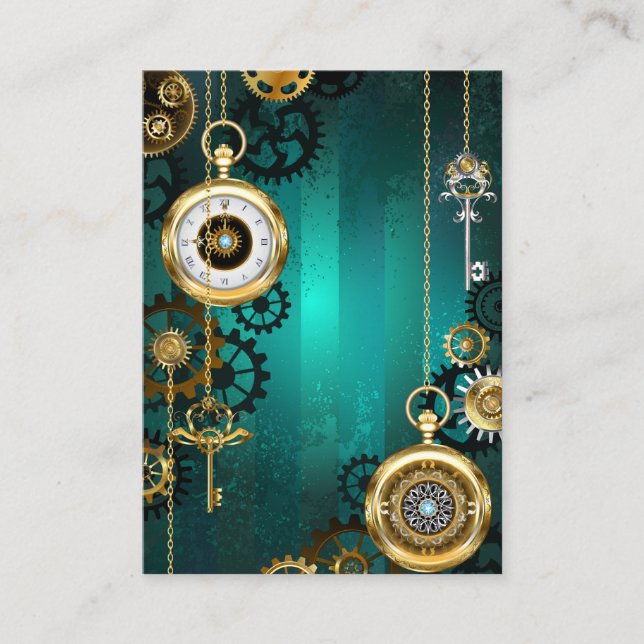 Steampunk Jewelry Watch on a Green Background Discount Card (Front)