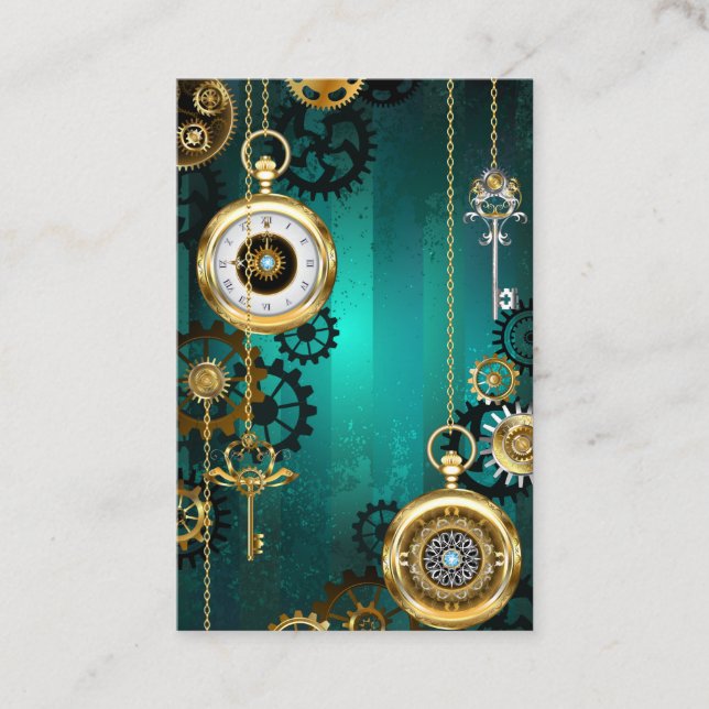Steampunk Jewelry Watch on a Green Background Discount Card (Front)