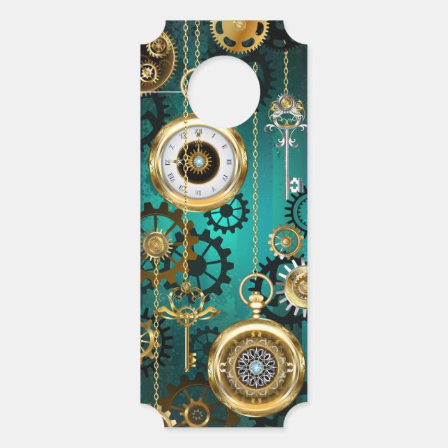 Steampunk Jewelry Watch on a Green Background Door Hanger (Front)