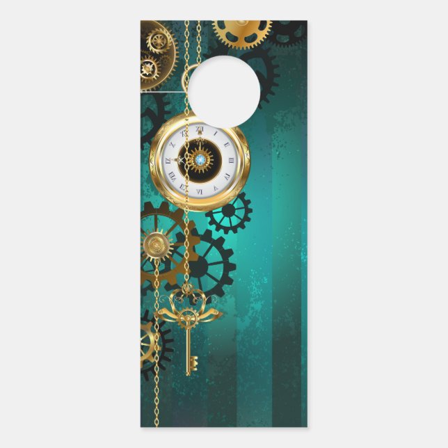 Steampunk Jewelry Watch on a Green Background Door Hanger (Front)