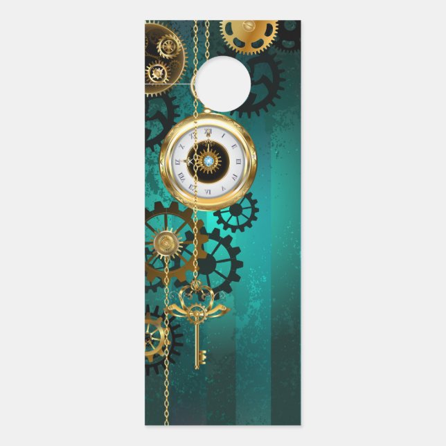 Steampunk Jewelry Watch on a Green Background Door Hanger (Front)