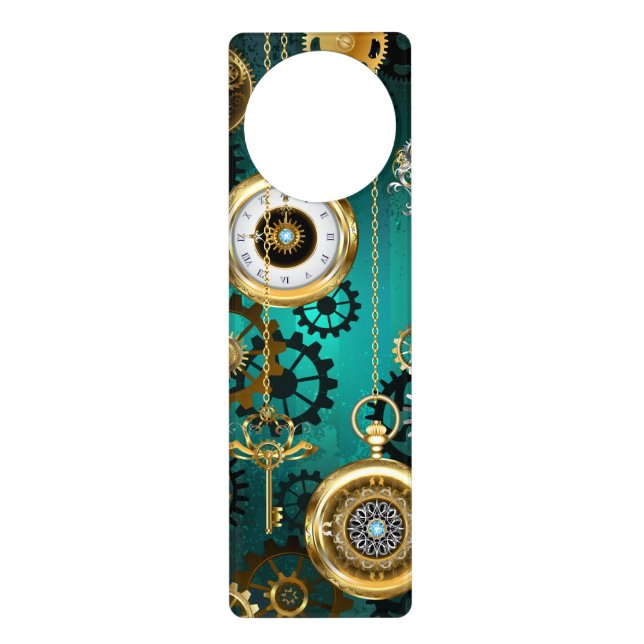 Steampunk Jewelry Watch on a Green Background Door Hanger (Front)