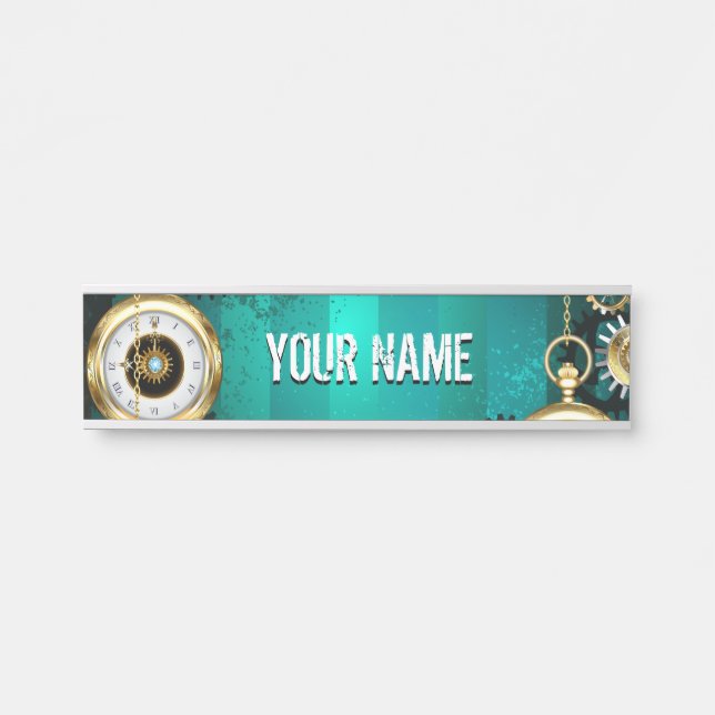 Steampunk Jewelry Watch on a Green Background Door Sign (Front)