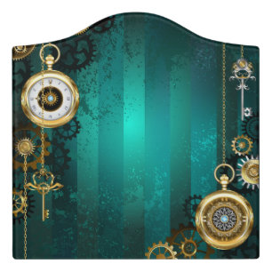 Steampunk Jewelry Watch on a Green Background Door Sign