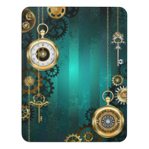 Steampunk Jewelry Watch on a Green Background Door Sign