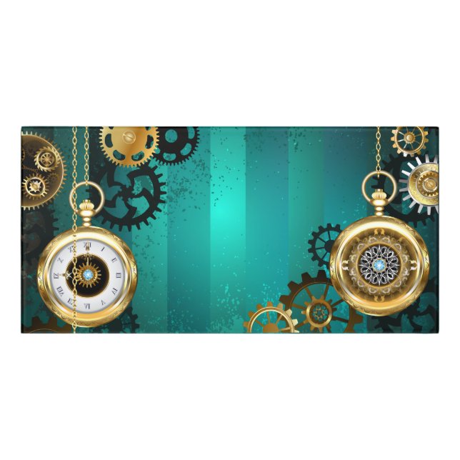 Steampunk Jewelry Watch on a Green Background Door Sign (Classic Front)