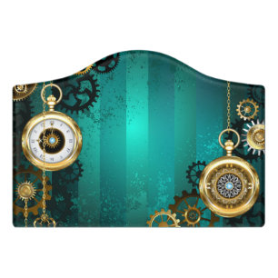 Steampunk Jewelry Watch on a Green Background Door Sign