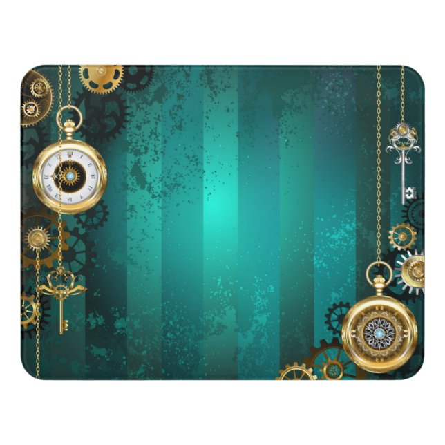 Steampunk Jewelry Watch on a Green Background Door Sign (Contemporary Front)