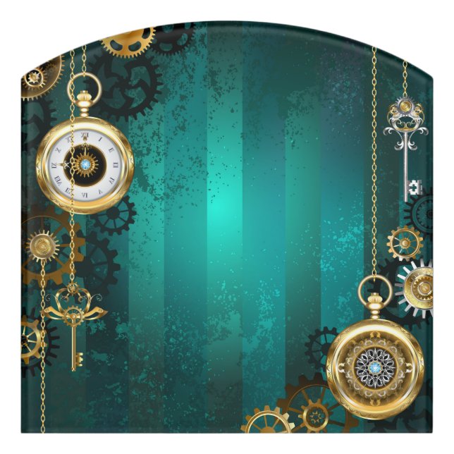 Steampunk Jewelry Watch on a Green Background Door Sign (Contour Front)