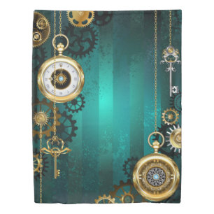 Steampunk Jewelry Watch on a Green Background Duvet Cover
