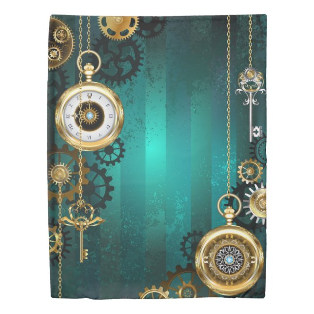 Steampunk Jewelry Watch on a Green Background Duvet Cover (Front)