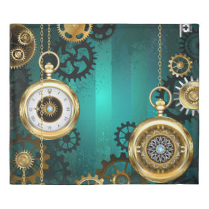 Steampunk Jewelry Watch on a Green Background Duvet Cover