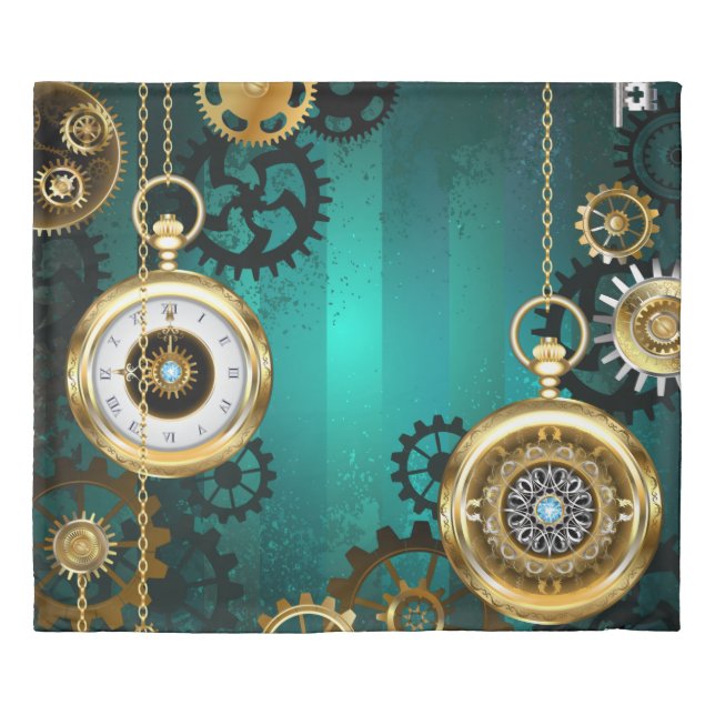 Steampunk Jewelry Watch on a Green Background Duvet Cover (Front)