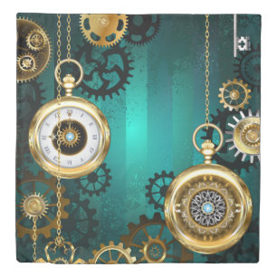 Steampunk Jewelry Watch on a Green Background Duvet Cover