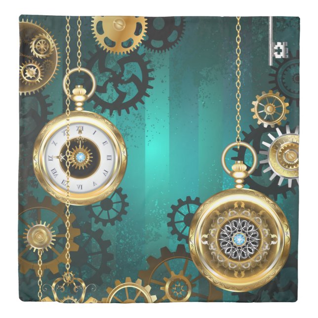 Steampunk Jewelry Watch on a Green Background Duvet Cover (Front)