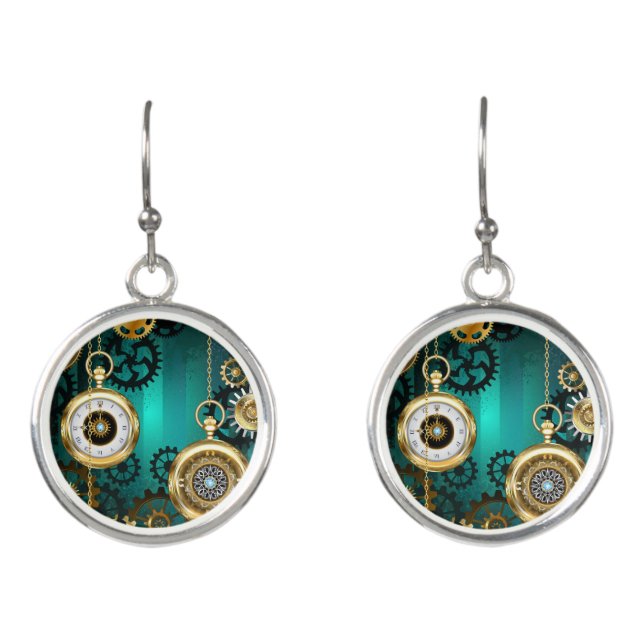 Steampunk Jewelry Watch on a Green Background Earrings (Front)