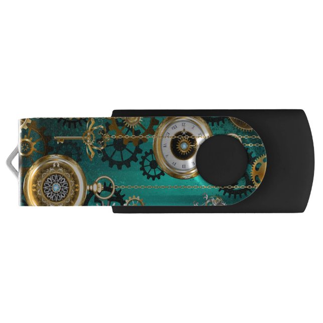 Steampunk Jewelry Watch on a Green Background Flash Drive (Back)