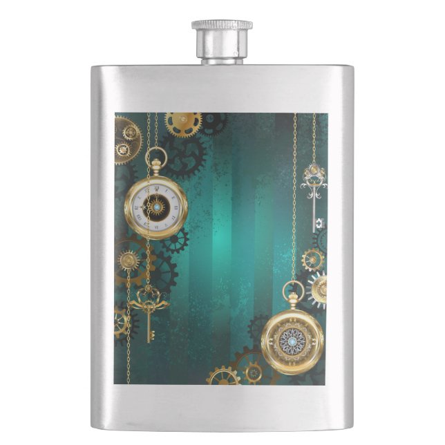 Steampunk Jewelry Watch on a Green Background Flask (Front)