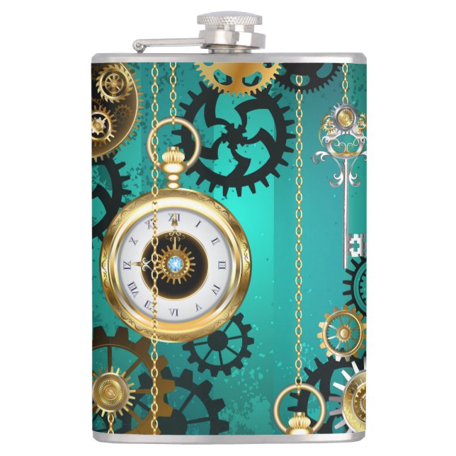 Steampunk Jewelry Watch on a Green Background Flask (Front)