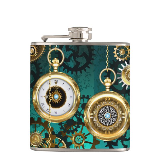 Steampunk Jewelry Watch on a Green Background Flask (Front)